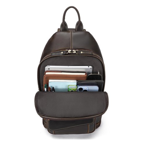 LANNSYNE Vintage Full Grain Genuine Leather Casual Sling Bag For Men Hiking/Travel/Business Crossbody Chest Bag Fits 12.9 Inches iPad Daypack -Brown