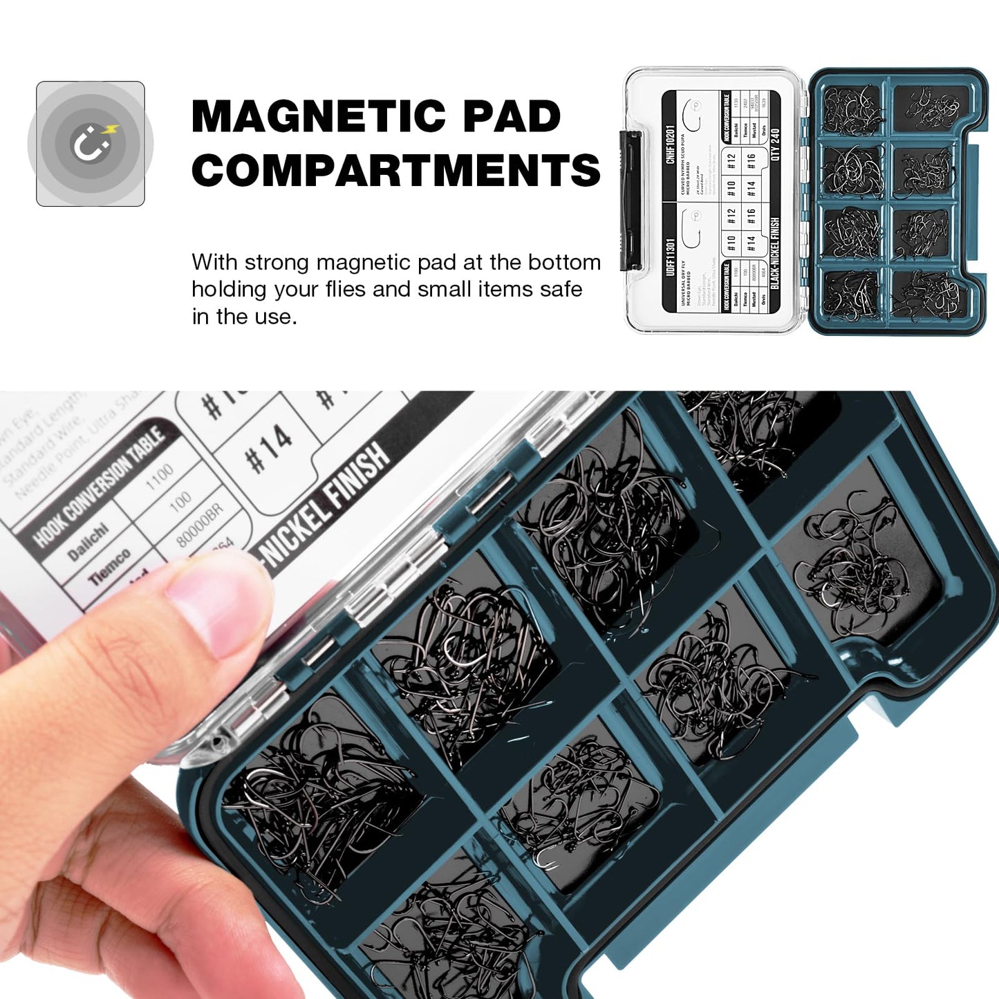 SF 10# 12# 14# 16# Fly Tying Hooks Kit Assortment Micro Barbed High Carbon Steel Standard Dry Curved Nymph Scud Pupa Fly Fishing Hook 240Pcs with Waterproof Magnetic Hook Box
