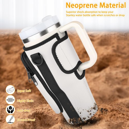 CTSZOOM Water Bottle Carrier Bag for Stanley 40 Oz Tumbler, Bottle Pouch Holder with Pocket and Adjustable Shoulder Strap for Stanley Quencher H2.0, Accessories for Stanley Cup Walking Cream