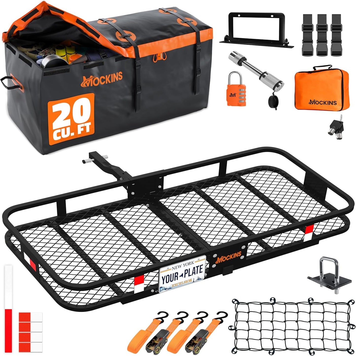 Mockins 60"x20"x6" Folding Trailer Hitch Cargo Carrier w/ 20 Cu.Ft. Waterproof Cargo Bag for Hitch Carrier | 500 Lbs. Capacity Weatherproof Luggage Rack for SUV Car & Truck w/Car Trailer Accessories