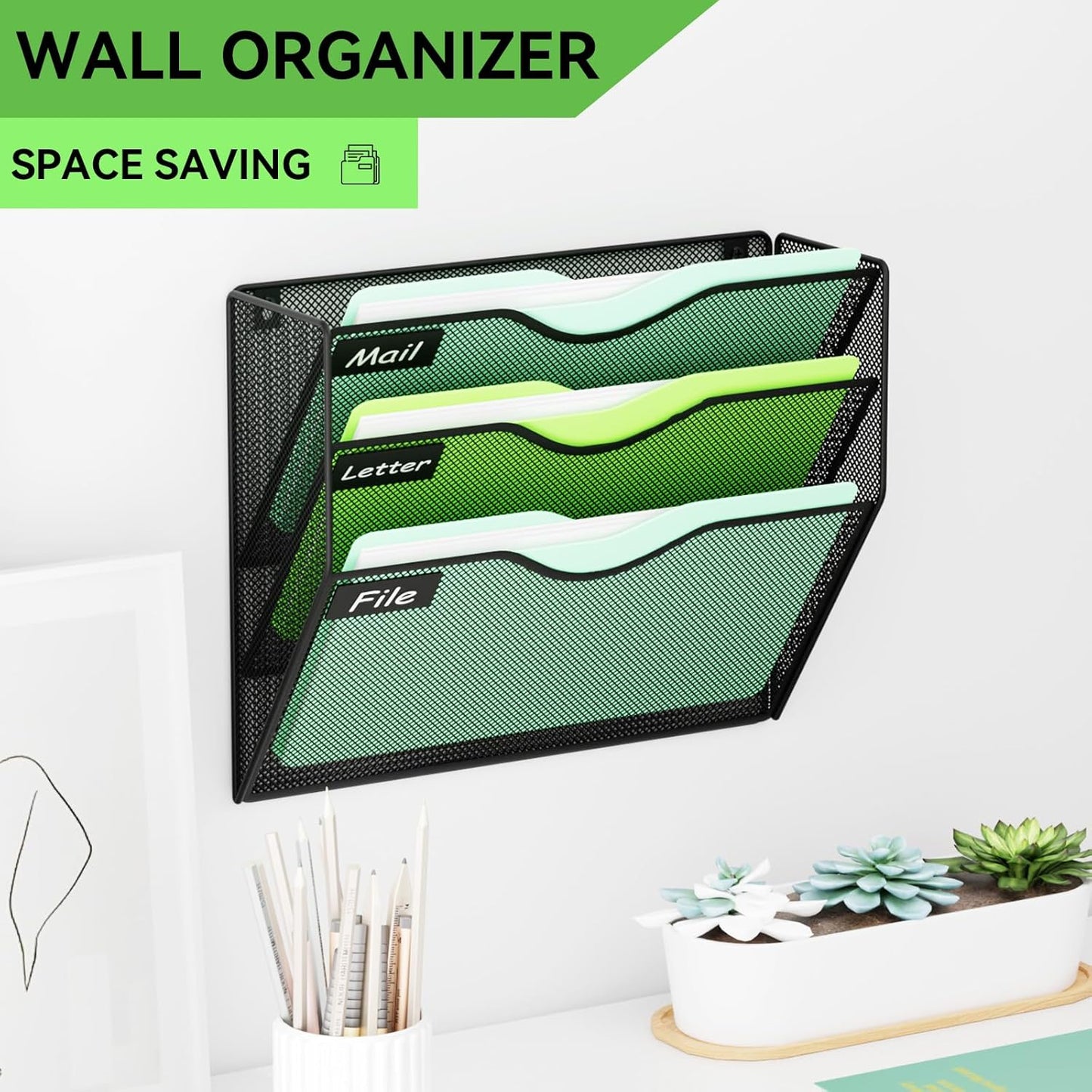 5 Pockets Mesh Hanging Wall File Holder Organizer Wall Mounted Paper Magazine Rack, Black