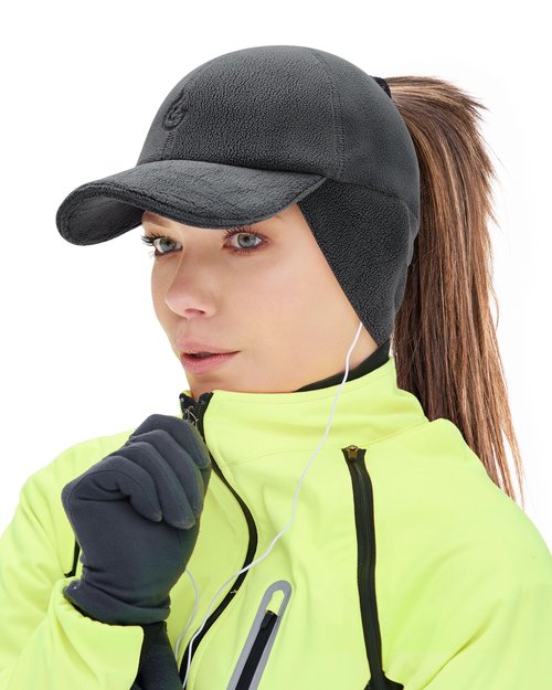 Gisdanchz Winter Running Gear for Women, Cold Weather Running Hat with Ponytail Hole Winter Ponytail Hat with Ear Flaps for Women Ladies Reflective Accessories Baseball, Black S/M