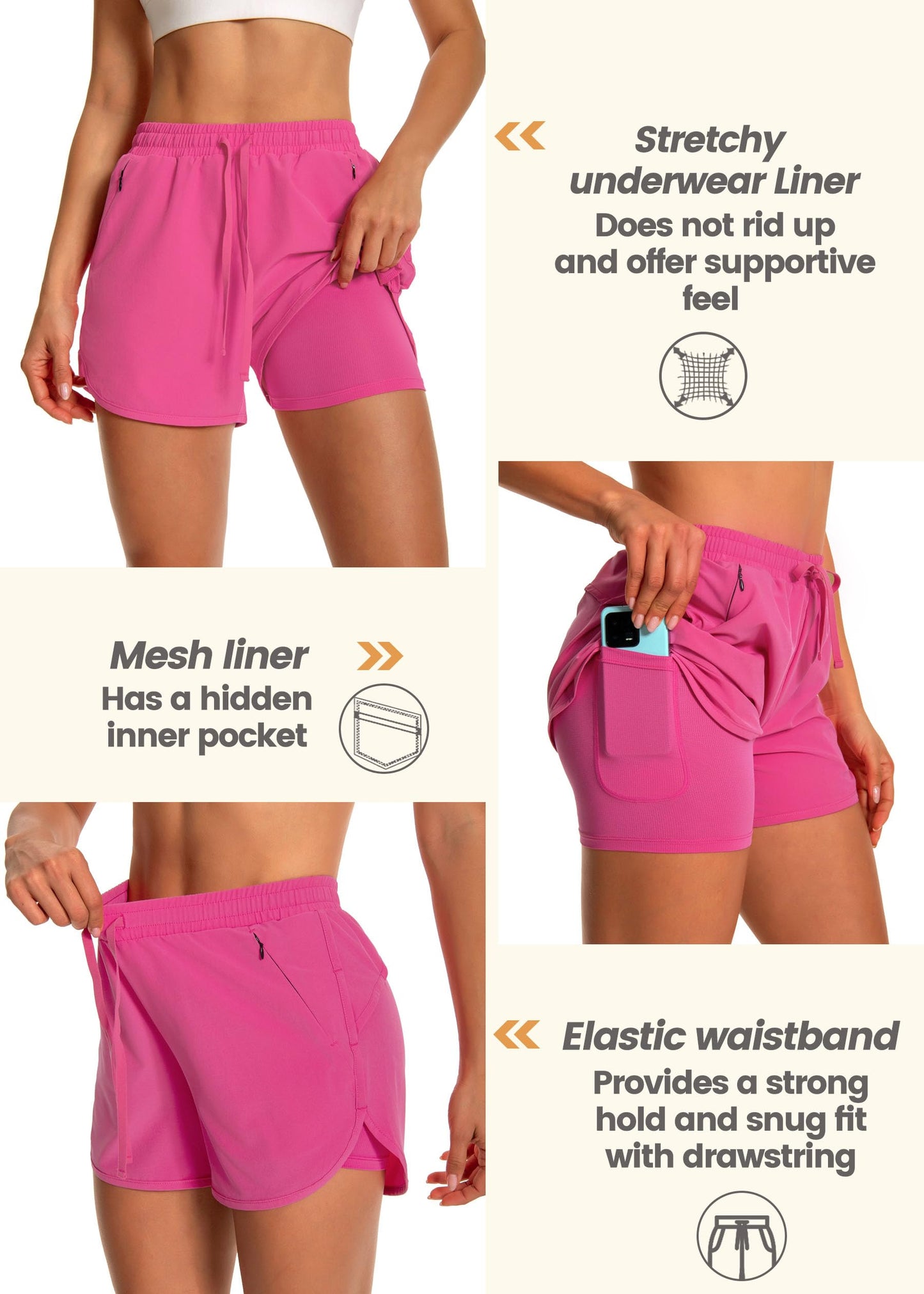 Hooxum Womens Running Athletic Shorts - High Waisted with Liner 2 in 1 Quick Dry Workout Gym Shorts Zipper Pockets,Hot Pink-M,2025