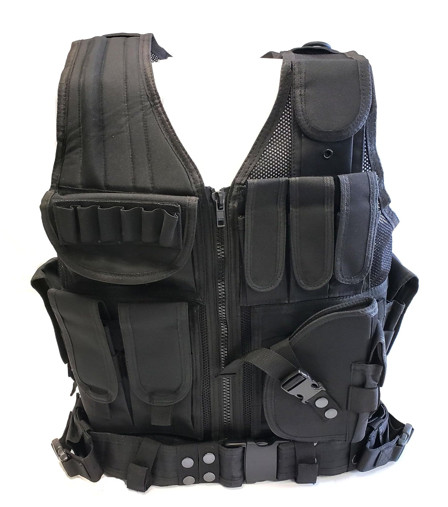 3Skull Light Weight Upgraded Tactical Airsoft or Paintball Vest - Duty Belt, Pistol Holster, 9 Pouches - Black, One Size