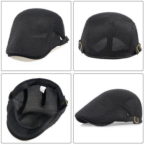 Xinveen Men's Mesh Cap Breathable Summer Newsboy Hat Adjustable Beret Ivy Cap Irish Cabbie Driving Hunting Hats Black