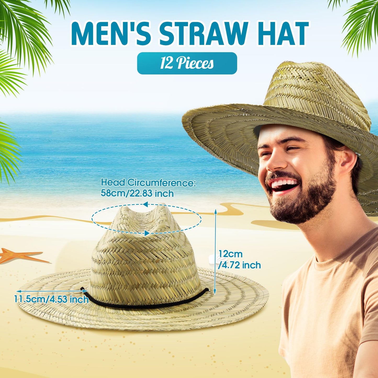 Funtery 12 Pack Straw Hat for Men Summer Large Brim Farmer Beach Sun Protection Straw Hat with Lanyard(Beige)