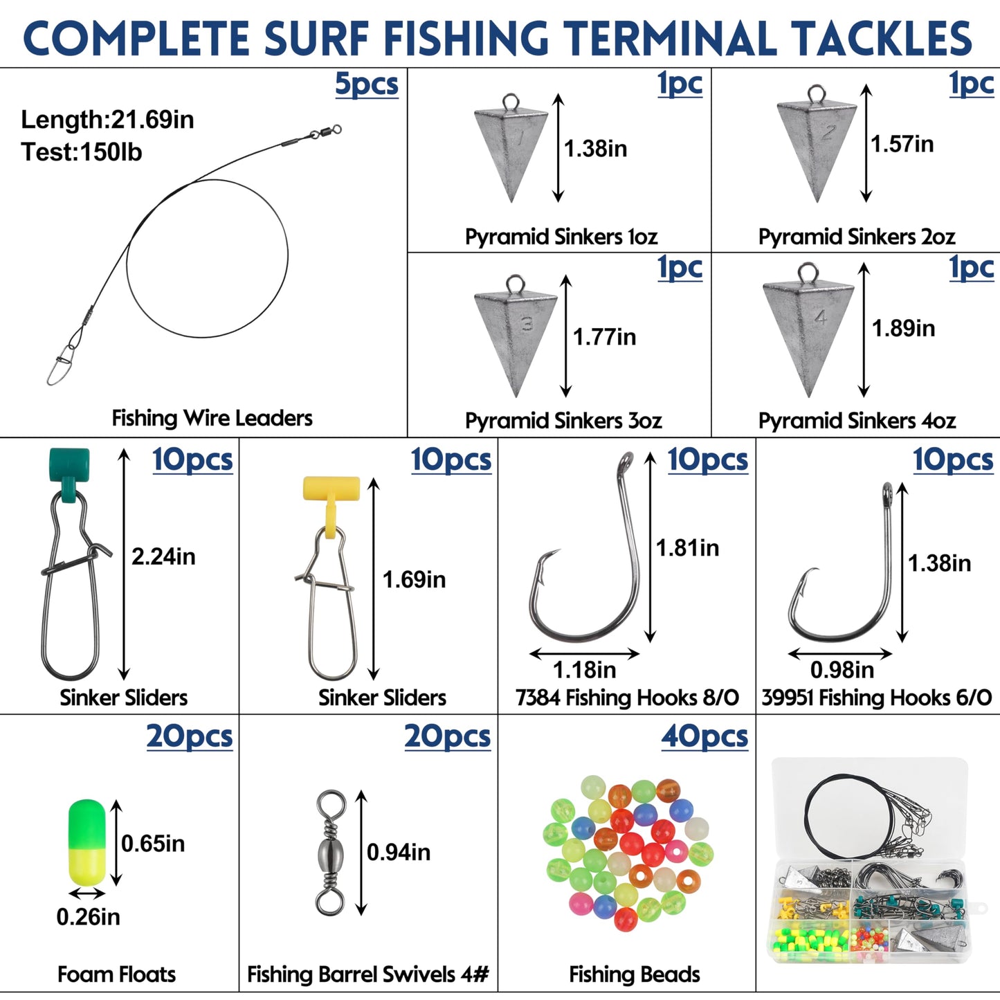 129pcs Surf Fishing Tackle Kit Fish Finder Rig Surf Fishing Rigs Include Pyramid Sinker Weights Sinker Slider Wire Leaders Hooks Swivels Beads Foam Floats Saltwater Fishing Accessories