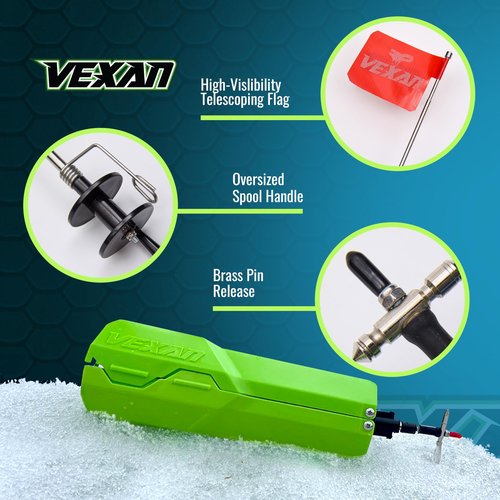 Vexan Ice Fishing Tip Up - High Visibility Green Tip Ups Ice Fishing w/Reflective Strike Indicator Flag - 18" Max Span, Easy-Deploy Ice Fishing Tip Up Hardware - Essential Ice Fishing Gear (3-Pack)