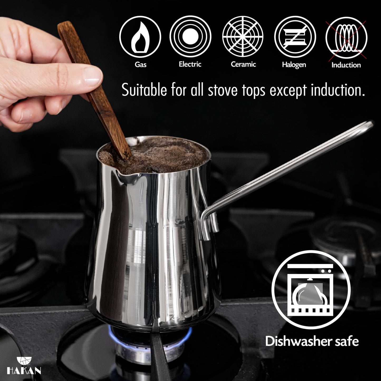 Hakan Turkish Coffee Pot, Greek Arabic Coffee Cezve, Stainless Steel Stove Top Milk Warmer, Chocolate Melting Pot with Spout, Chai Pot, Ibrik, Briki | 16.9 oz. (500 cc)