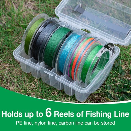 Goture Fishing Line Storage Box - 6 Slot Organizer (2 Large + 4 Standard), Clear Visibility, Silicone Holes