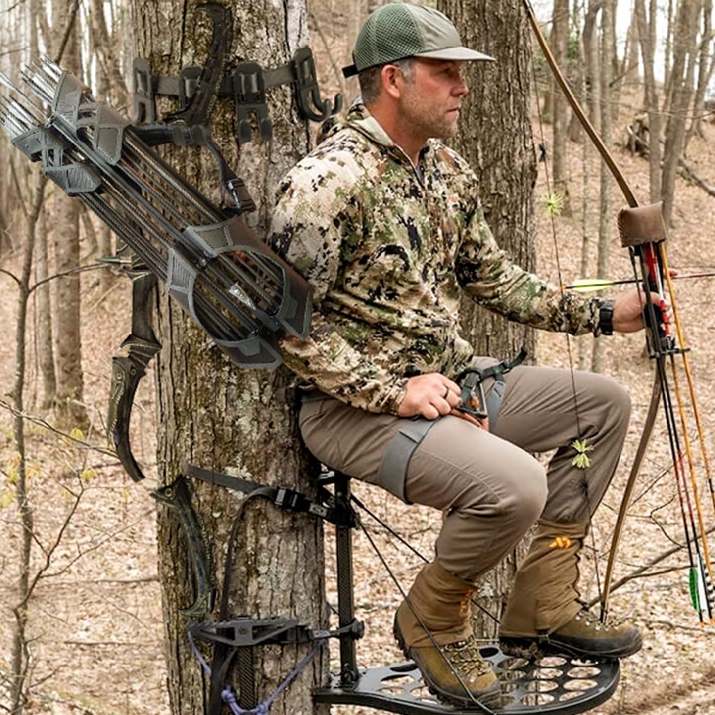 FUNANASUN Treestand Strap Hangers for Hunting Gear, Tree Saddle, Tree Stand Accessories, Bow Hanger, Archery Bow Hunting Gear with 3 Metal Gear Hooks