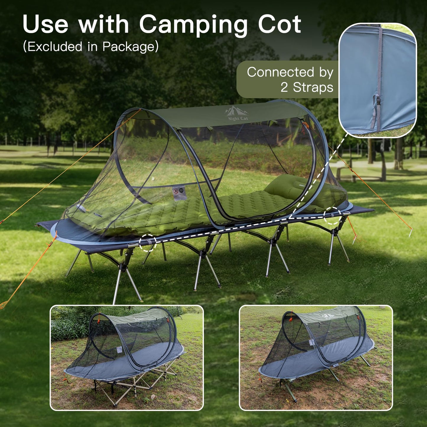 Night Cat Pop-up Mosquito Tent: 1 Person Camping Tent with Bug Screen Net Adults Fits with Camping Cot (Excluded)
