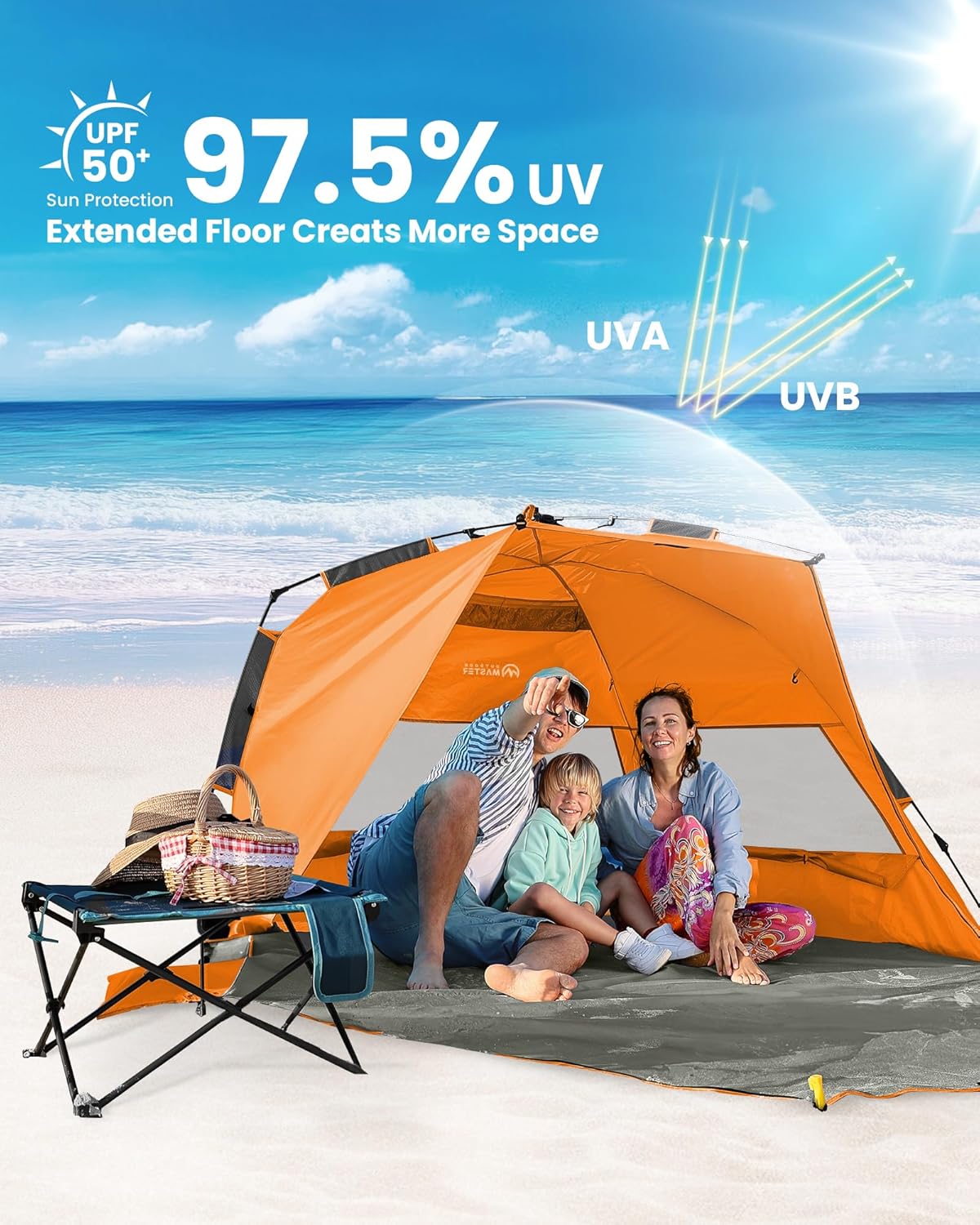 OutdoorMaster Beach Tent Sun Shelter for 3-4 Person, Pop Up Beach Tent Easy Setup with Sandbags, Portable Sun Shade Canopy with Carrying Bag for Beach & Outdoor, UPF50+ UV Protection, Family Size