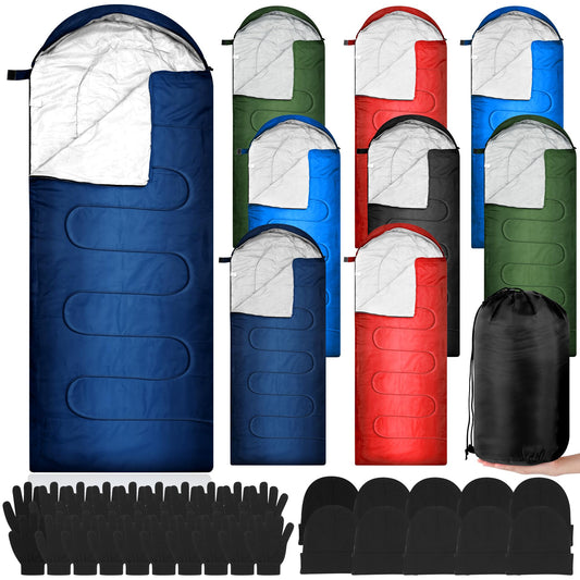 Tranqun 10 Set Sleeping Bags for Adults Kids with Winter Beanies Gloves Set, Cotton Liner Camping Sleeping Bag Waterproof Cold Warm Lightweight for Backpacking, Camping, Indoor Outdoor Homeless People