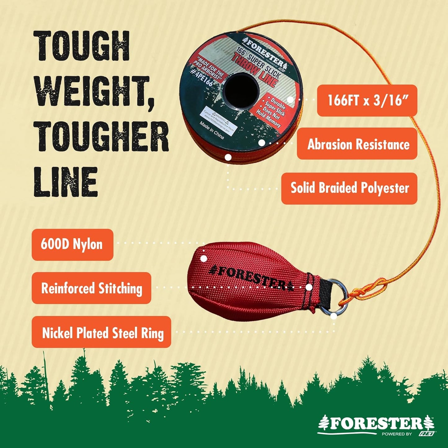 FORESTER Arborist Throw Line Kit | Throw Weight & 166ft Rope | Ultra Slick 100% Polyester Rope | Arborist Equipment for Tree Climbing