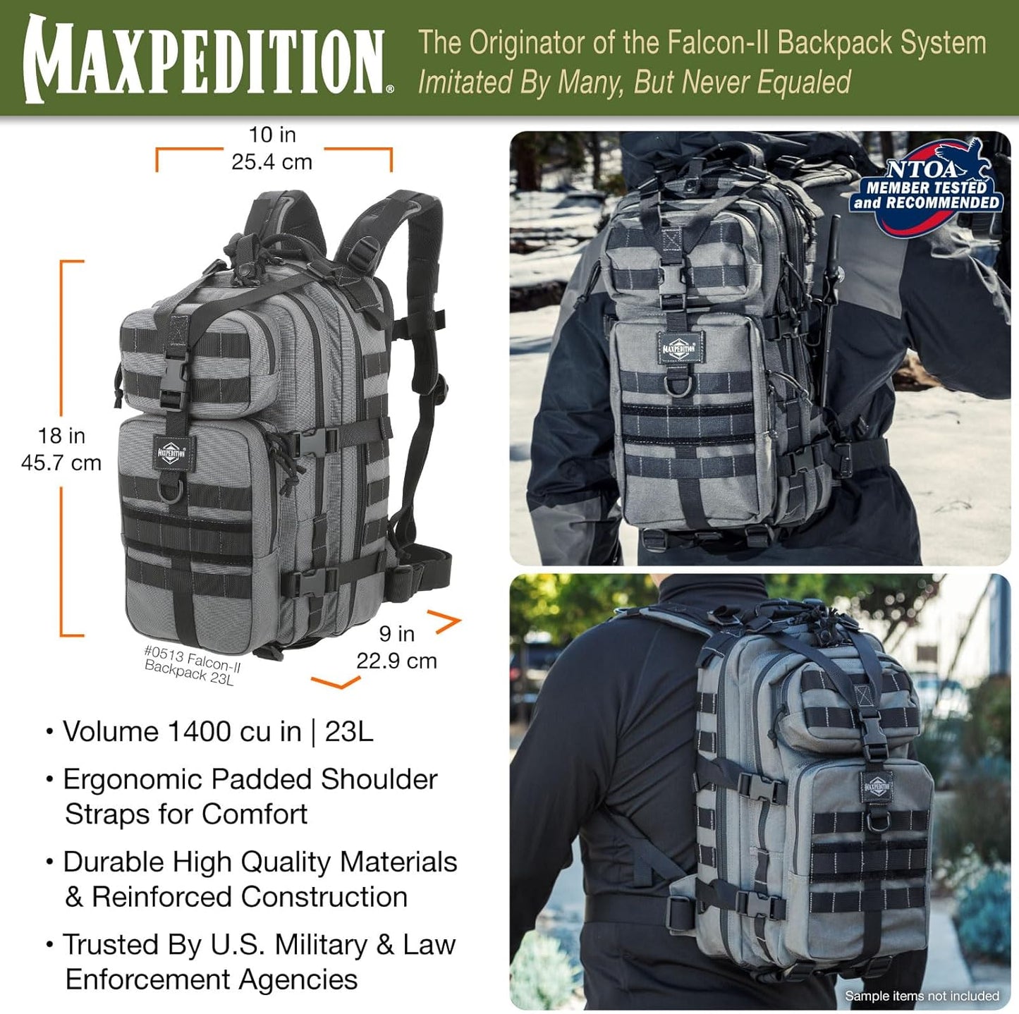 MAXPEDITION Falcon-II Backpack (Wolf Gray) 23L Tactical Backpack, Survival Pack, Bug Out Bag, MOLLE Compatible Go Bag Optimized for EDC & Military, 0513W