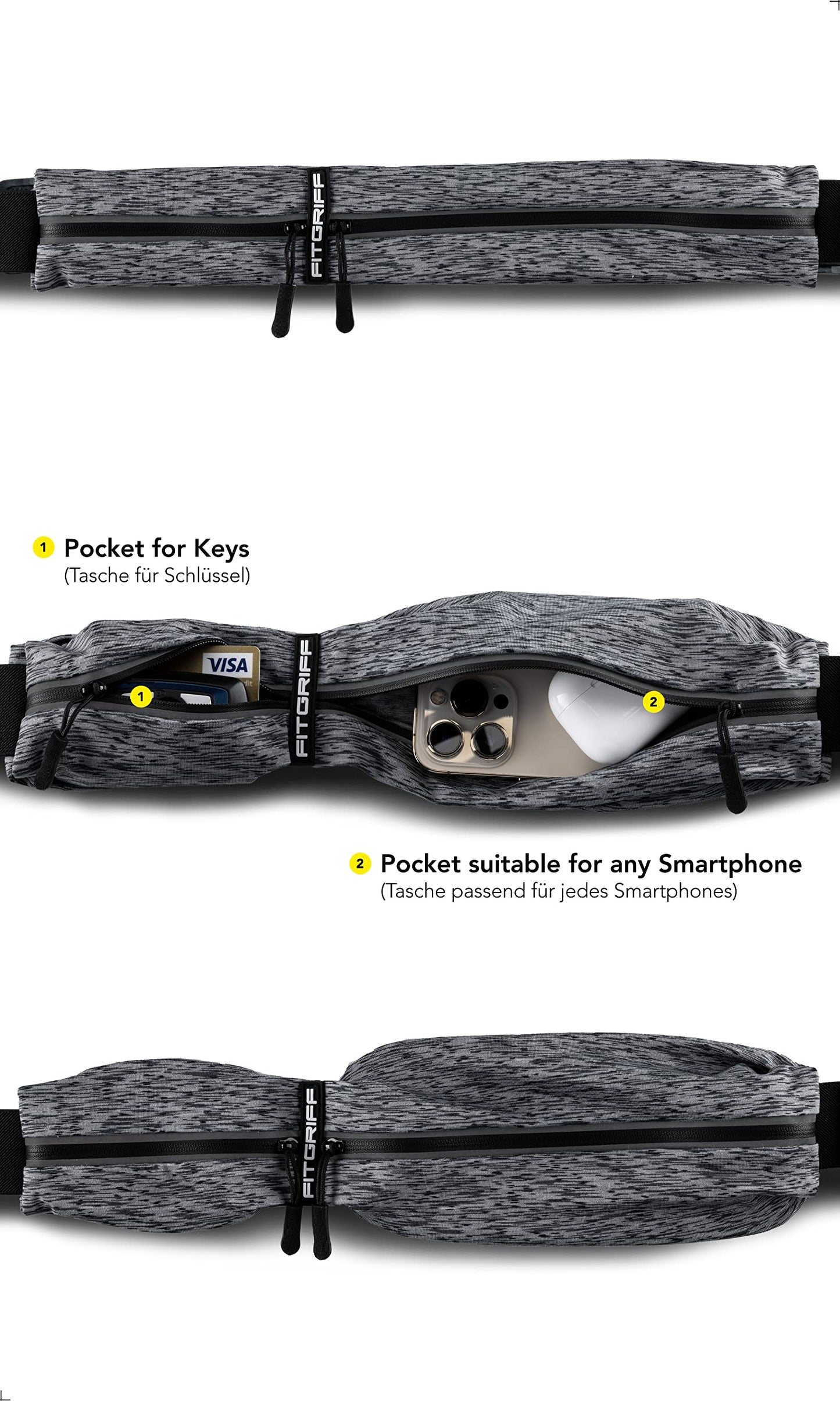 Fitgriff® Running Belt for Men & Women - Secure Jogging Pouch for Phone, Keys & Essentials - For All Cell Phones (Grey 2, 24.5" - 35.5" Waist Size)