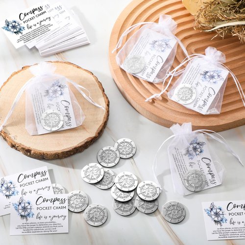 Beeveer 50 Sets Compass Pocket Tokens Bulk – Motivational Coins with ''Life is a Journey'' Quote, Cards & Organza Bags, Orientation Gifts for Students, Teachers, Friends