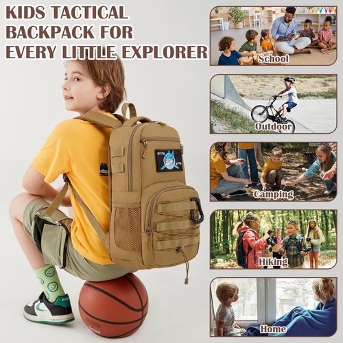 SunForMorning Kids Tactical Backpack Army Molle Bookbag Military Boys Backpack for School, Outdoor, Travel, Camping, Brown