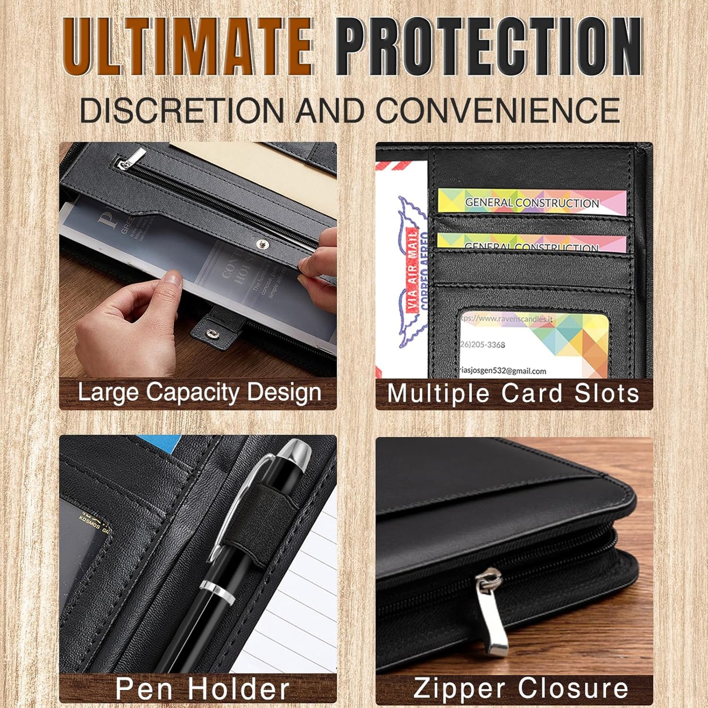 Personalized Portfolio Leather Custom Padfolio for Men Women Customized Binder with Logo/Text/Photo, Professional Folio with Zipper for Business, Interviews, Resumes-Black