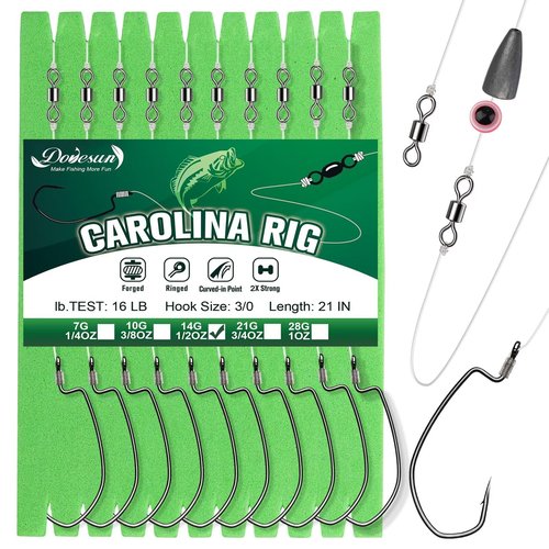 Dovesun 10PCS Ready Tied Carolina Rig Kit for Bass Fishing Catfish Rig Catfish Hook Kit with Bass Hooks Swivel, Fluorocarbon Line, Weights 1/2 OZ
