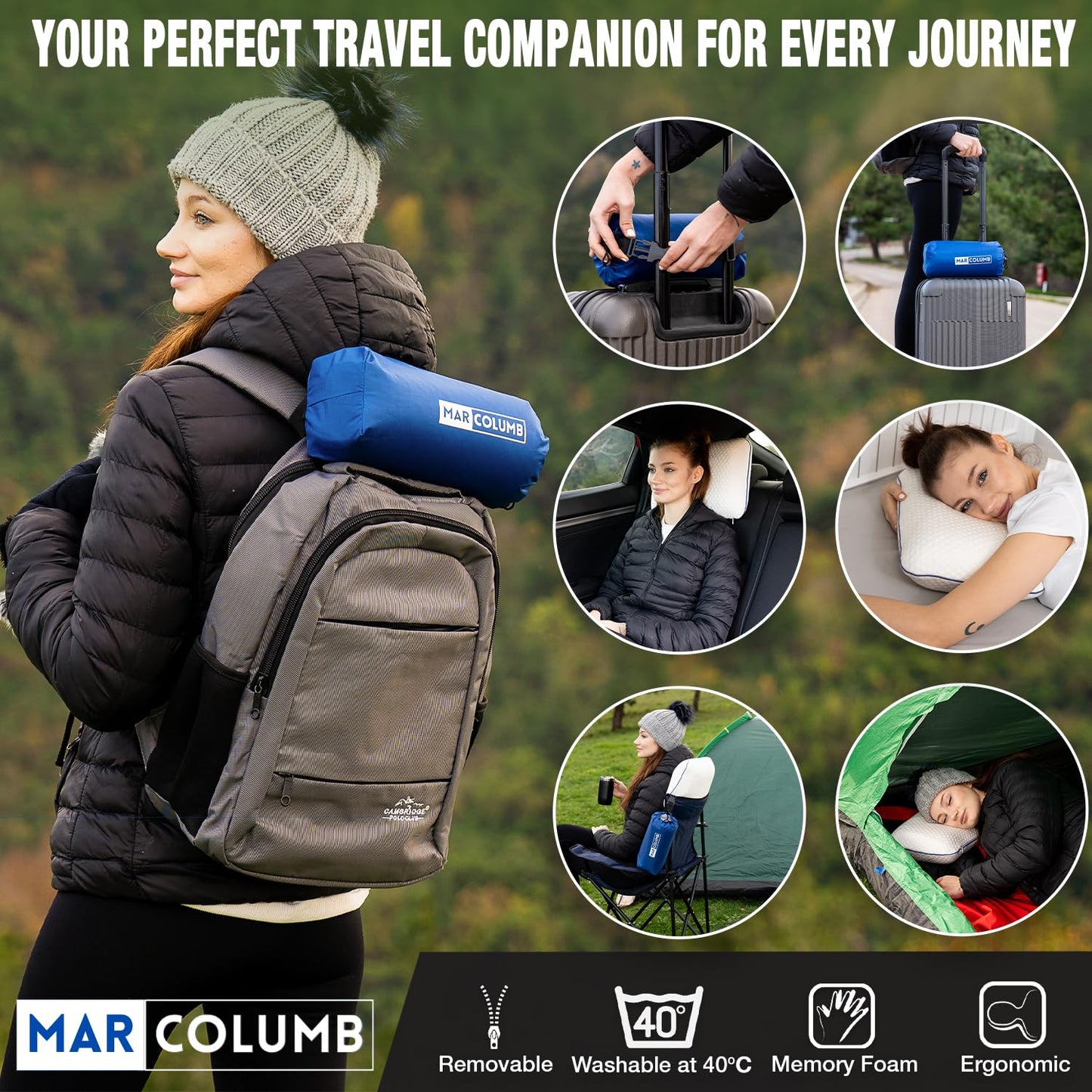 Marcolumb Travel & Camping Comfortable Memory Foam Pillow – Easy to Carry Portable Bag – Temperature Regulating Pillow Case - Perfect for Travelling (White)