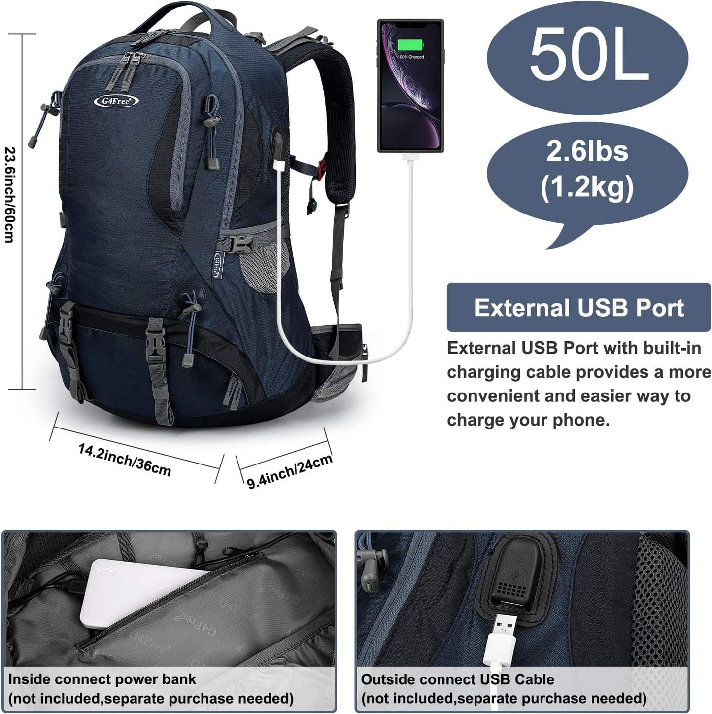 G4Free 50L Hiking Backpack Waterproof Daypack Outdoor Camping Climbing Backpack with Rain Cover for Men Women