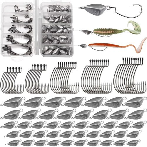 Dovesun 95Pcs Fishing Hooks and Weights Kit Texas Rig Hooks Swing Jig Heads for Bass Fishing Fishing Weights Sinkers with 1/8OZ 3/16OZ 1/4OZ 3/8OZ 1/2OZ Ned Rig Hooks Weedless 1# 1/0 2/0 3/0 4/0