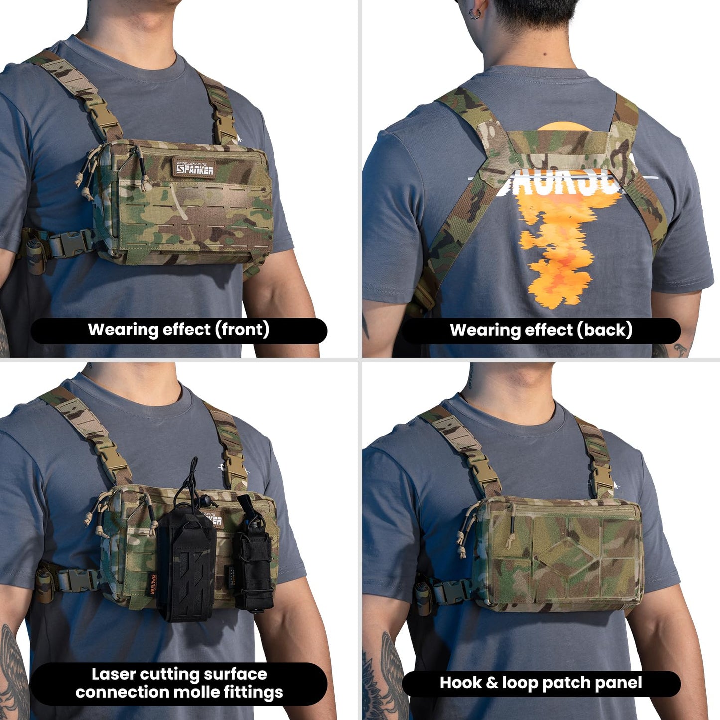 EXCELLENT ELITE SPANKER Tactical Chest Rig Pack EDC Chest Bag Molle Utility Chest Pouch Lightweight for Outdoor Hunting Workouts Hiking(Multicam)