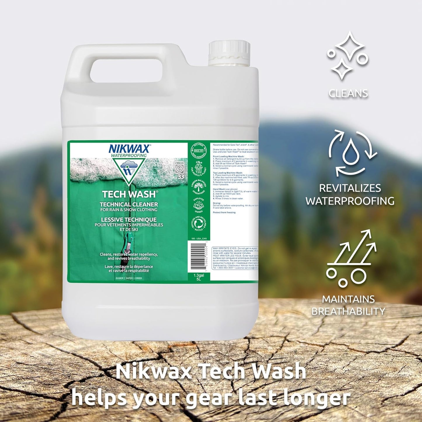 Nikwax Tech Wash 169 fl. oz., Technical Cleaner for Jackets and Outerwear, Restores Waterproofing in Rain, Ski, and Snow Gear, Safe for Gore-Tex and DWR