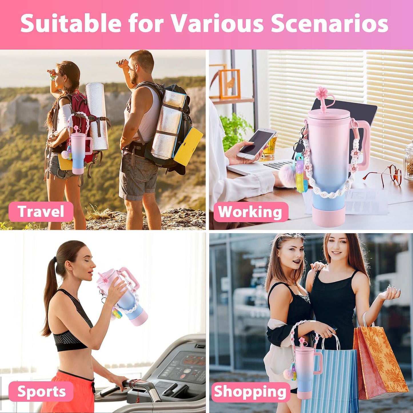 6-Pieces Stanley Cup Accessories Set, Water Bottle Handle Strap,Siliocne Stanley Cup Boot,Siliocne Straw Cover, Silicon Pressure reducing Accessories for Stanley Cup 40 30 oz Tumbler (Pink)