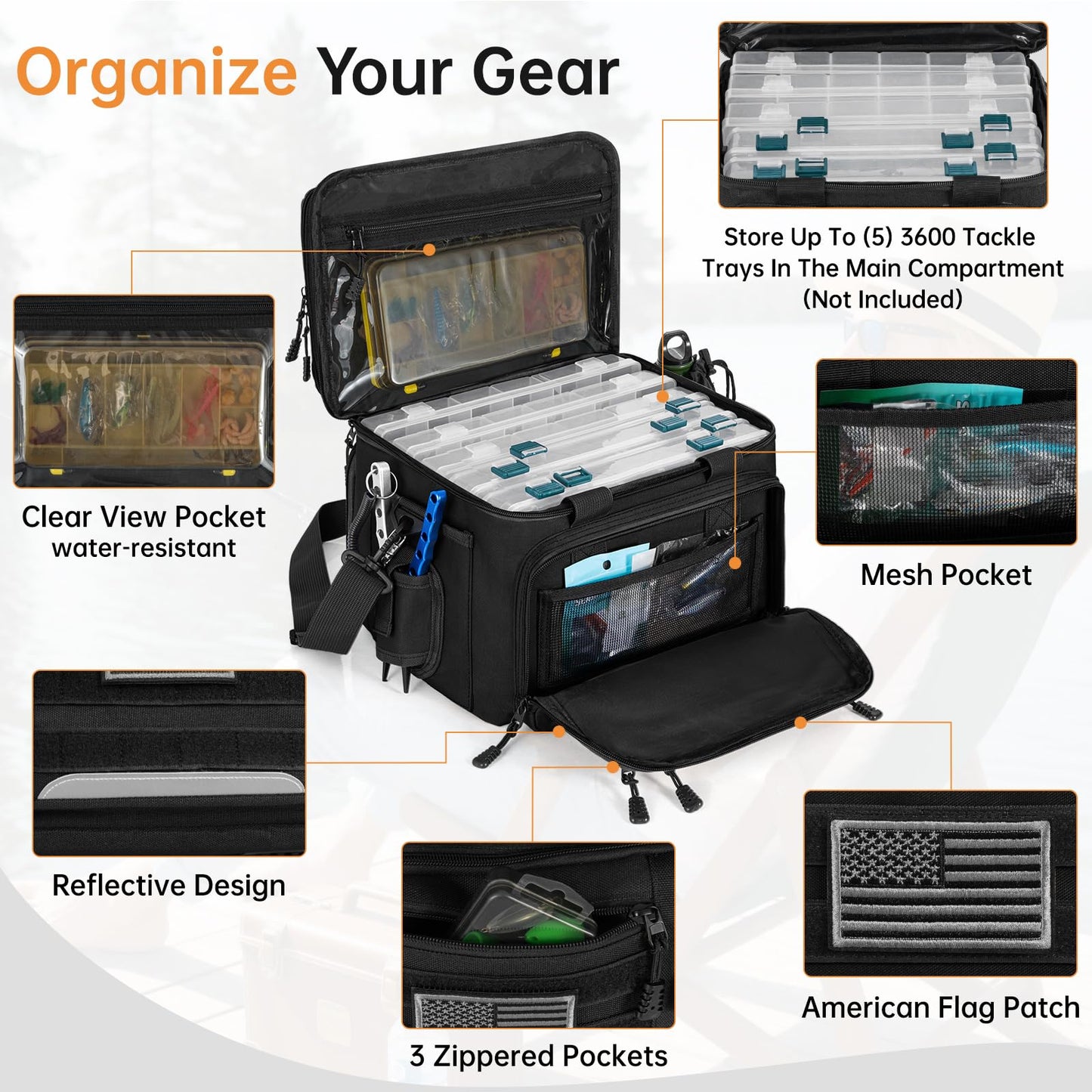 FREEAMG Fishing Tackle Bags - Saltwater & Freshwater Fishing Bag - Padded Shoulder Strap Fishing Bags - Gear Storage for Tackle Box (Black) (Does not come with box)