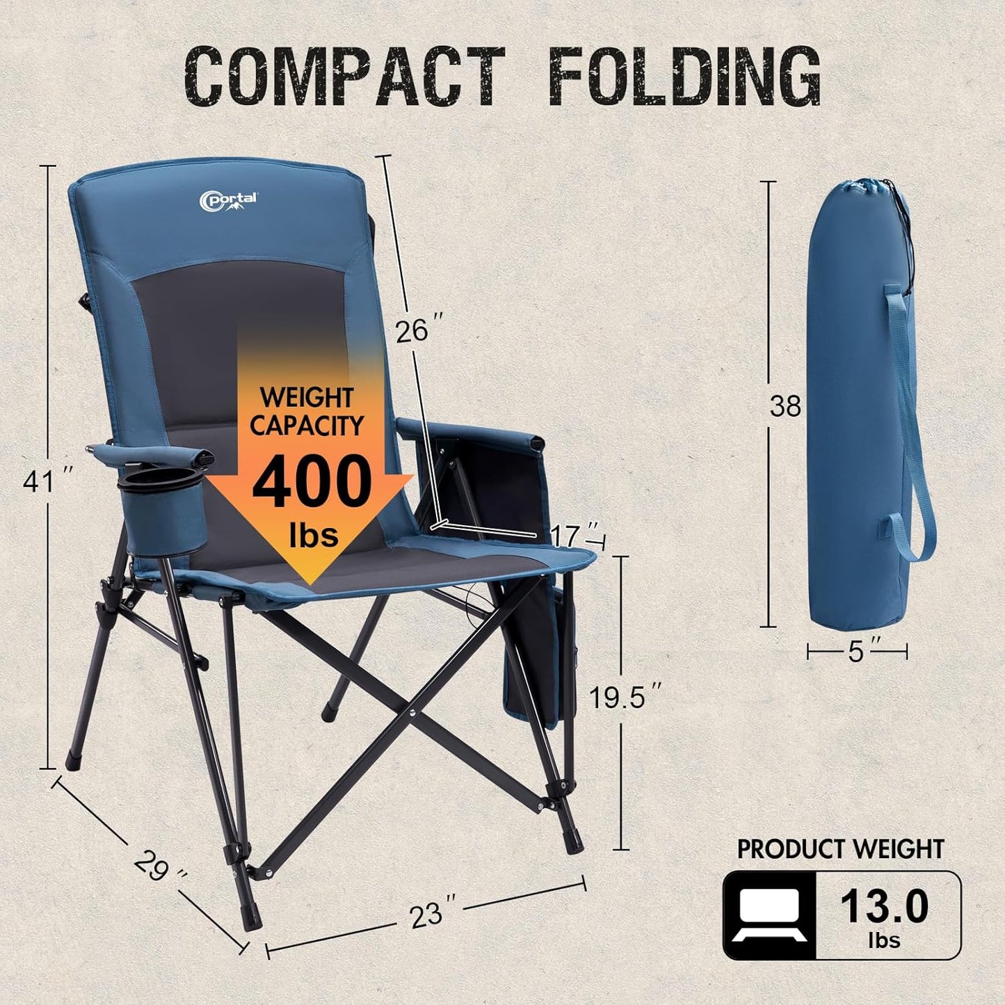 PORTAL Oversized Folding Camping Chair High Back Portable Lawn Chairs for Adults Outdoor Sports with Hard Armrest Cup Holder，Supports 400LBS Black