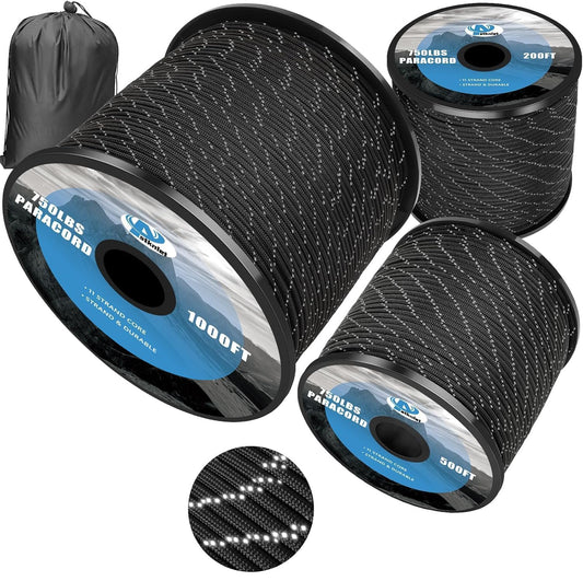 750Ib Reflective Paracord Rope, 1000', 4mm 11 Strand Parachute Spool Cord with Collecting Bag, para Cord Lanyard for Clothsline, Hammock, Camping, Hiking and Survival