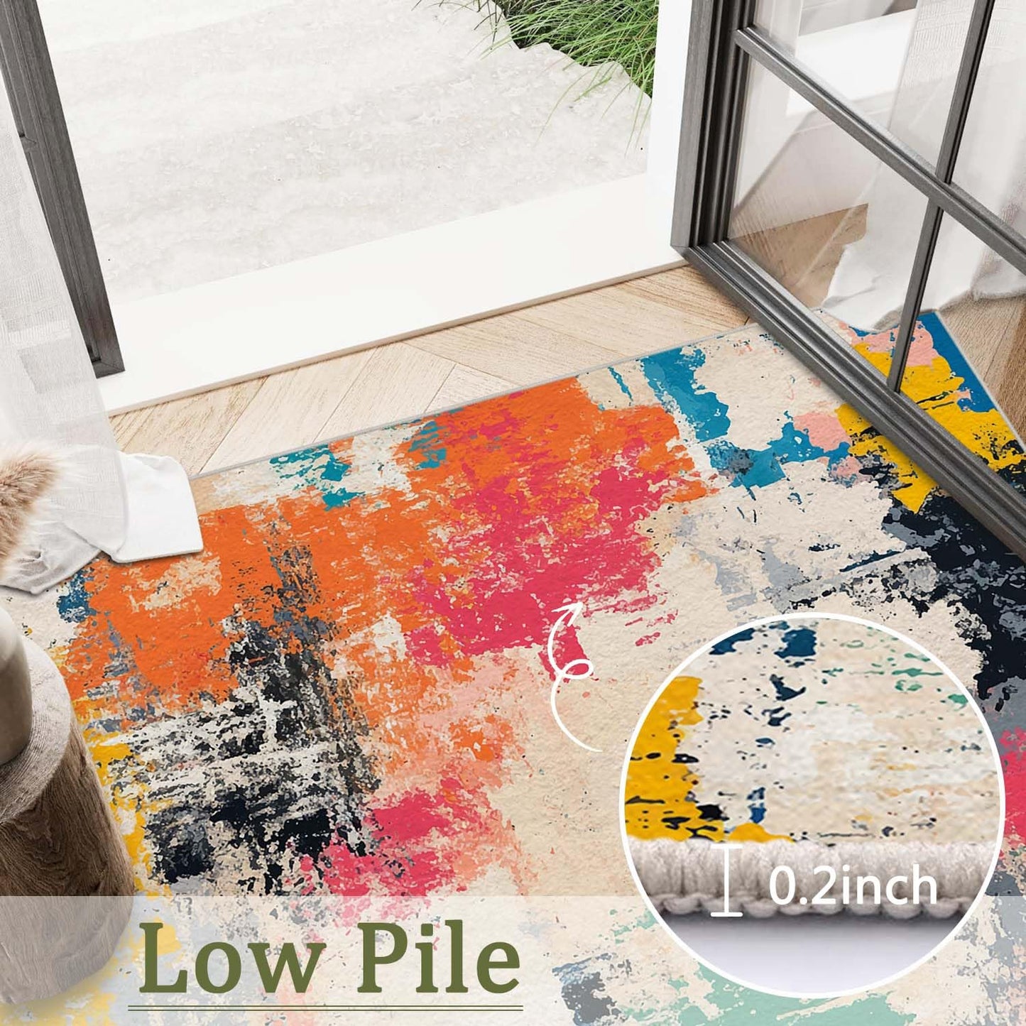 5x7 Colorful Area Rug Modern Abstract Beige Orange Yellow Pink Blue Black White Grey Rug Bedroom Low Pile Thin Large Carpet Living Room Non Slip Dining Room Stain Resistant Office Washable Machine