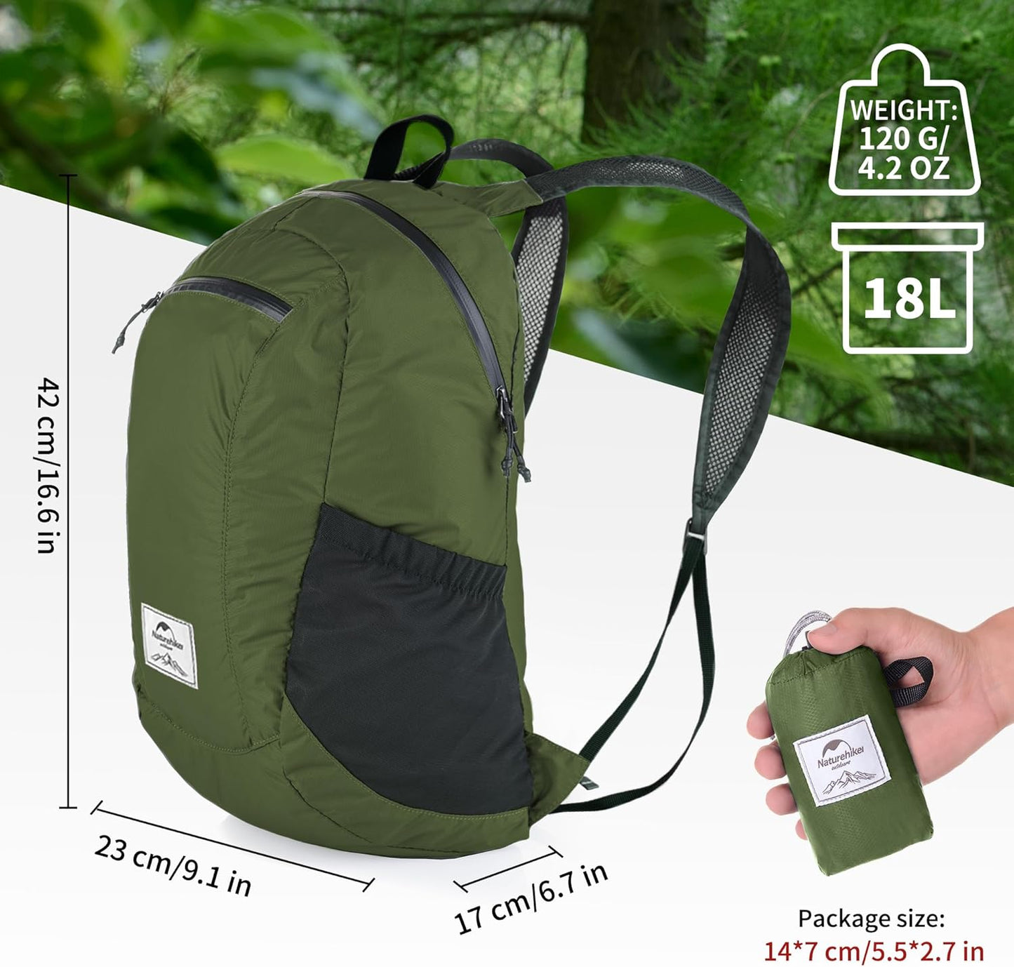 Naturehike 18L Lightweight Hiking Backpack, Waterproof Camping Packable Backpack Ultralight for Travel, Airplane, Small Hiking Daypack for Adults, Black