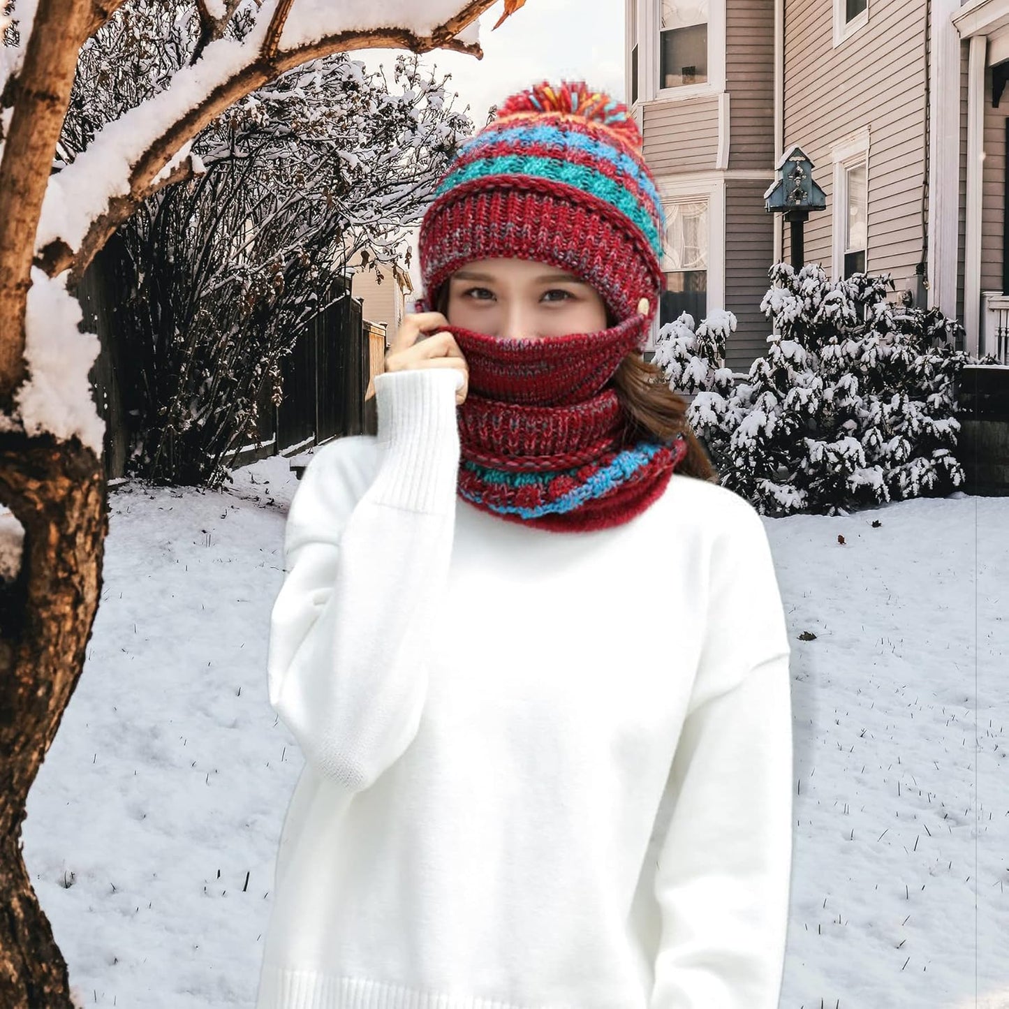 Ypser Women's Winter Warm Knitted Crochet Hat Fleece Lined Cable Faux Fur Pom Pom Beanie Hat Skull Cap
