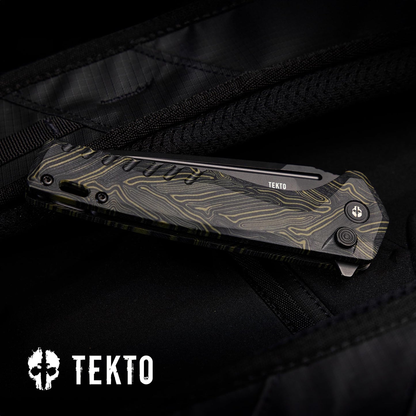 TEKTO F3 Charlie Button Lock Folding Knife, Oversized Fine Edge Blade, Tactical Damascus G10 Handle - Easy Open Pocket Knife with Titanium Coated D2 Steel & Black Titanium Barrel Spacers