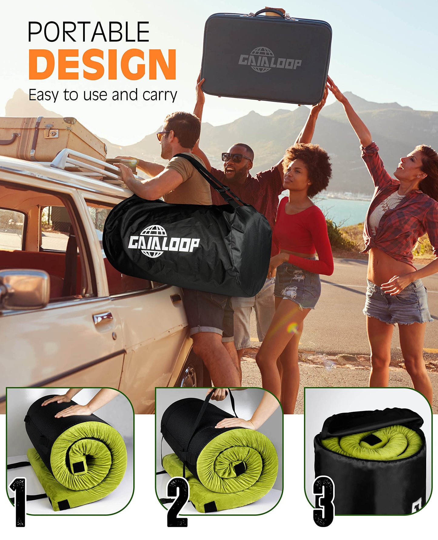 GAIALOOP 4 INCH Thick Memory Foam Camping Mattress, Roll Up Floor Sleeping Mat Camp Cot Mattress Pad Travel Camping Couch Bed for Guest Adults Side Sleepers [Single:75 * 30 * 4"]