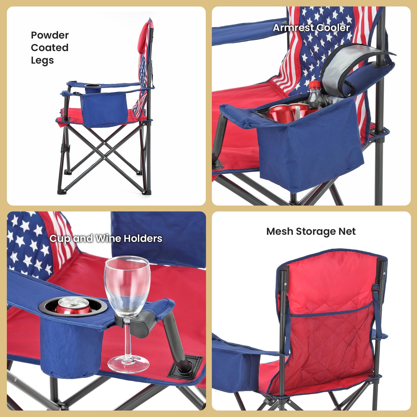 ARROWHEAD OUTDOOR Portable Deluxe Folding Camp Quad Chair w/Headrest, Glass & Cup Holders, Armest 6-can Cooler, Heavy Duty Carry Bag, 550 lbs Weight Capacity