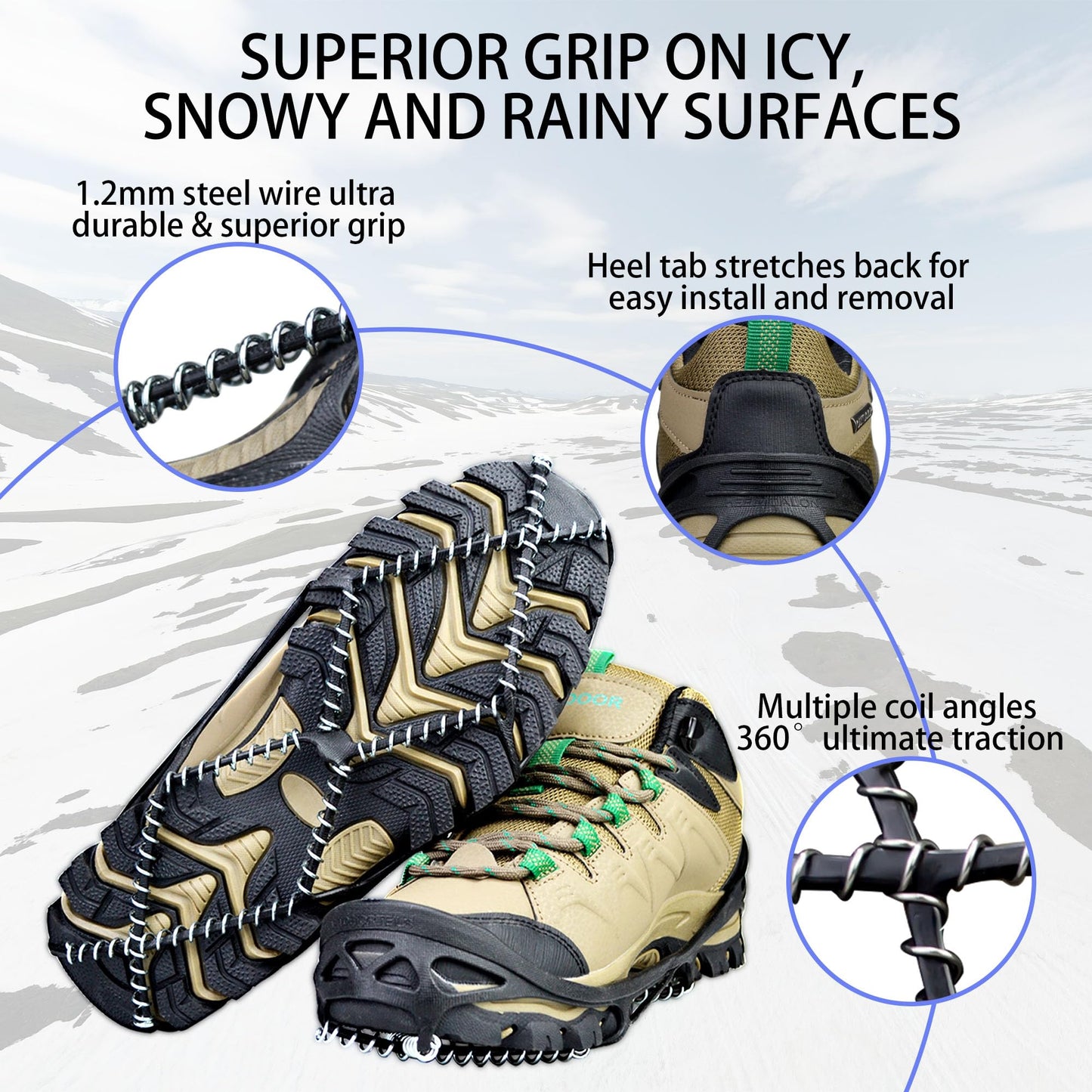 Walk Traction Cleats Ice Snow Grips Crampons for Boots and Shoes Anti-Slip Ice Snow Traction Cleats Portable Flexible Footwear Running on Snow and Ice Large