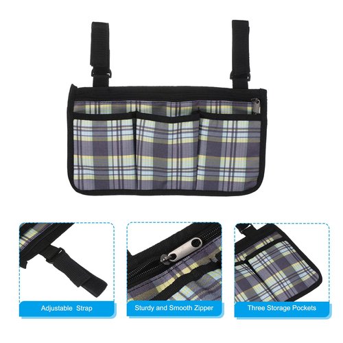 PATIKIL Chair Armrest Organizer, Waterproof Beach Chair Hanging Storage Pouch Arm Rest Magazine Snack Bag with 4 Pockets for Camping Outdoors, Blue Grid