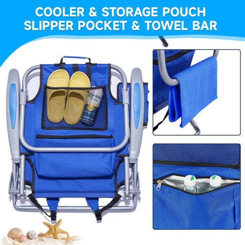 Canpsky Portable Beach Chair for Adults, Outdoor Camping Chair Lay Flat Folding Backpack Beach Reclining Chair with 5 Positions, Headrest, Zipper Pouch, Cup Holder, Blue