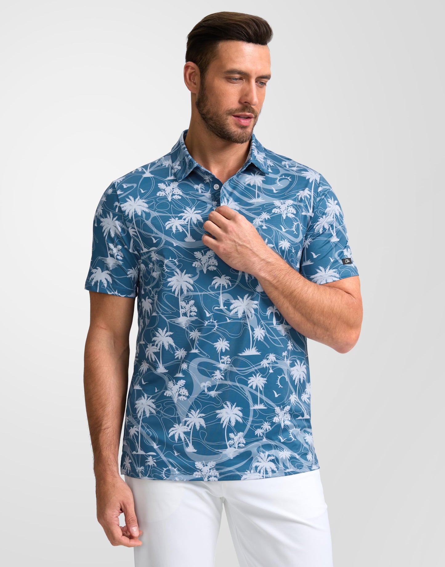 Obla Mens Golf Polo Shirts Short Sleeve Dry Fit Casual Print Collared Golf Shirts Wicking for Men(Blue Coconut Beach_S)