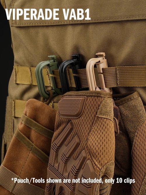VIPERADE VAB1 10 Pack Multipurpose D-Ring, Grimlock Locking for 1.4" Molle Webbing,Tactical Locking Carabiner for MOLLE Webbing Attachment Backpacks/Pouch/Bag (Black)