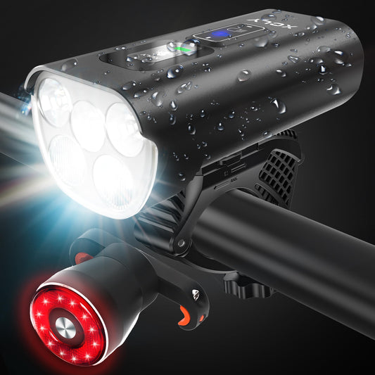 10000mAh Bike Lights for Night Riding - Mental Bike Light Set 5LED Light USB Rechargeable Front and Back Headlights & Taillights for Night Riding - 20000 Lumen, Easy Install, IPX6 Waterproof - Black