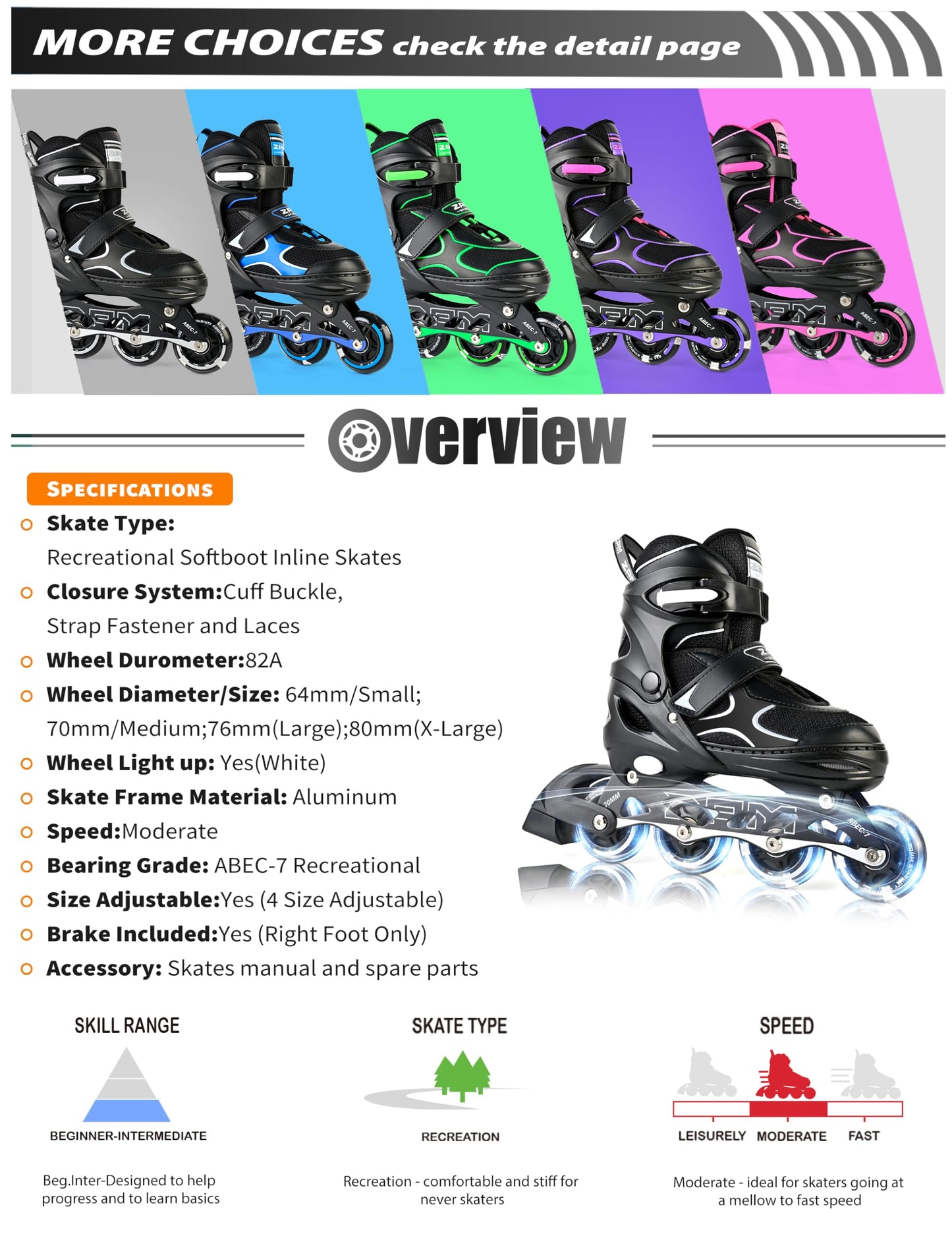 2PM SPORTS Inline Skates for Kids Girls Boys Ages 5-8 8-12 4-6 6-12 with Light Up Wheels, Adjustable Roller Skates Blades for Adults Men Women Male Beginners Youths, Black Large