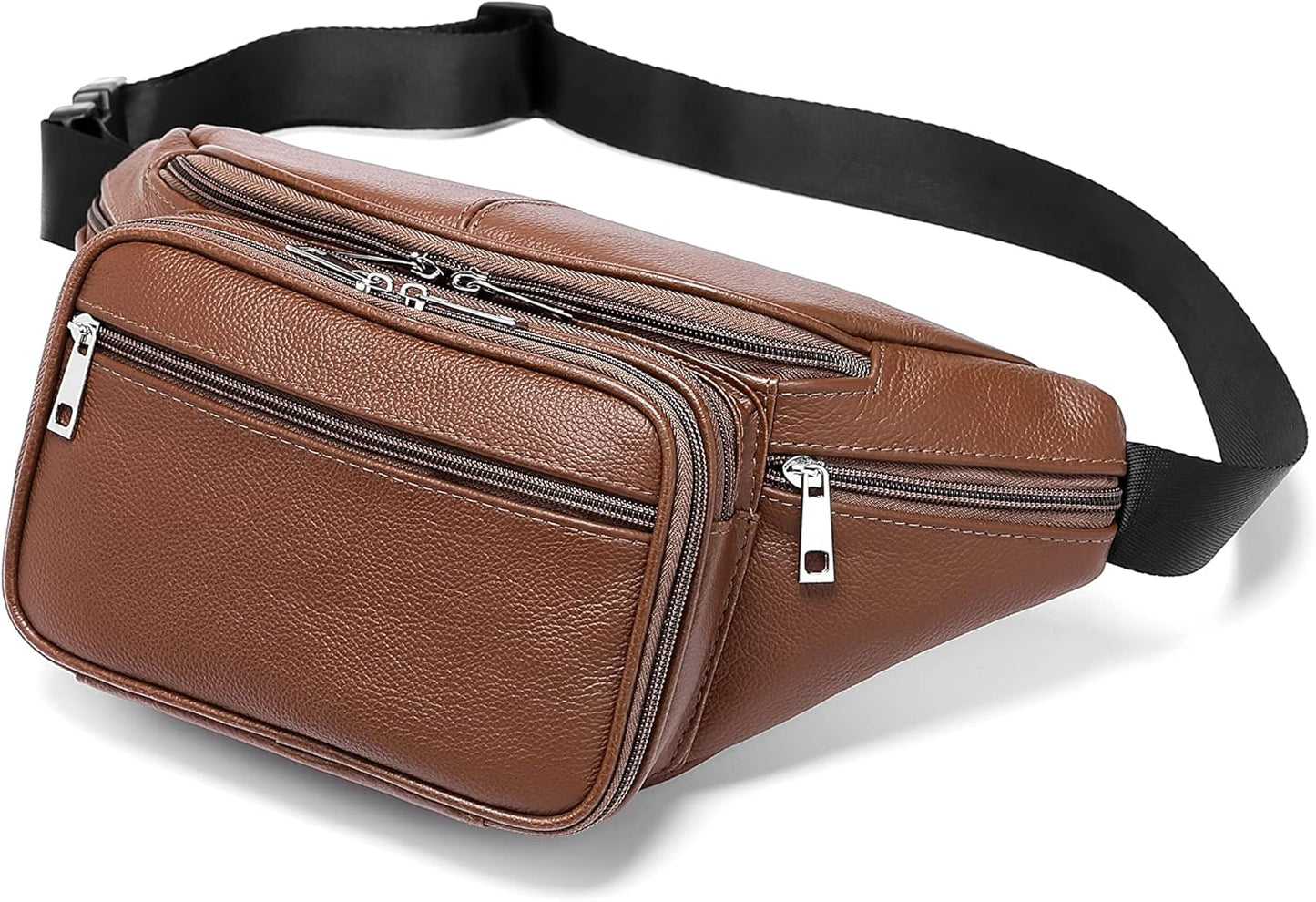 Genuine Leather Large 7 Pocket Waist Pack with Organizer, Card Slots -Brown