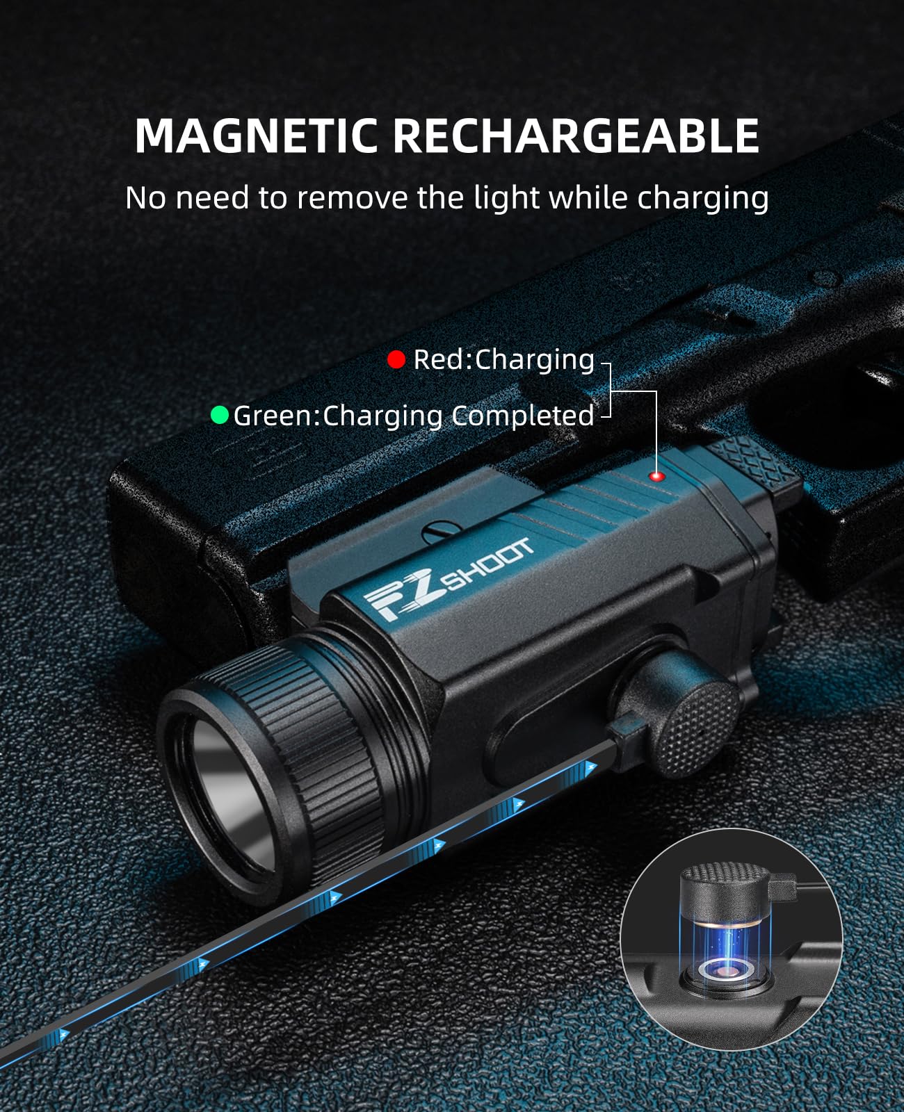 EZshoot 2000 Lumen Pistol Light with Quick Release, Magnetic Rechargeable Pistol Flashlight with Adjustable Slide Rail, Picatinny Flashlight with Strobe Mode for Home Defense, Hunting