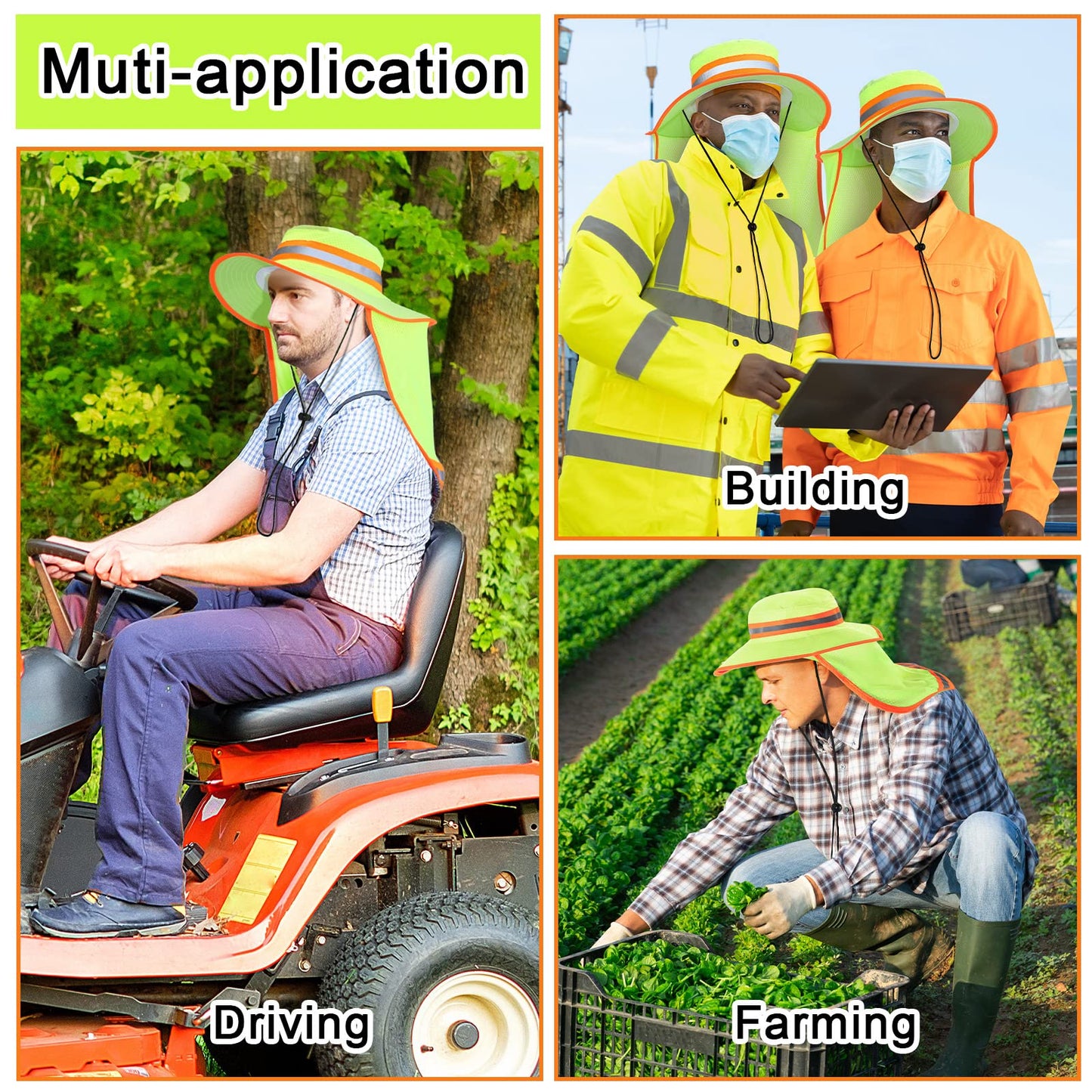 Jexine 10 Pcs High Visibility Reflective Hat with Neck Flap Safety Sun Hat for Men Bucket Cap Boonie Hats Bulk(Yellow, Orange)